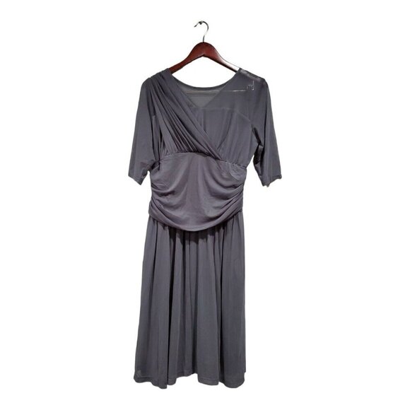 Kiyonna Women Essential Stretch Gray Mesh Overlay Ruched Draped Midi Dress Sz 1X - Picture 1 of 16